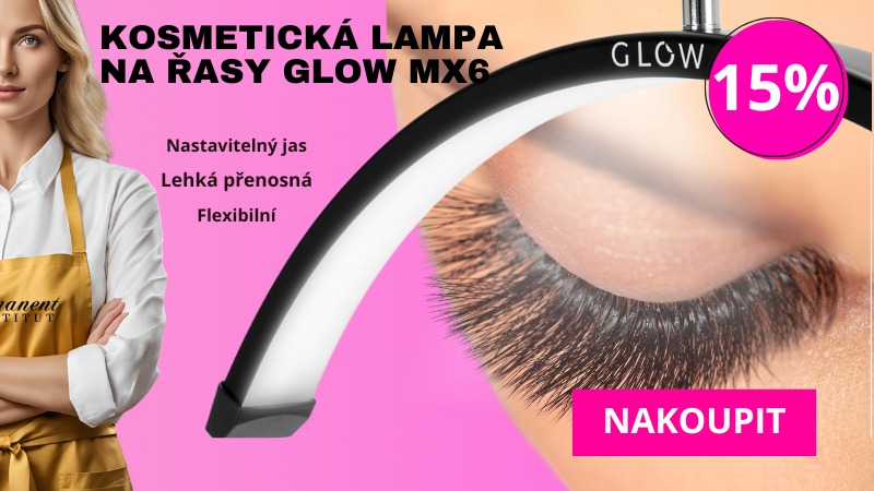 Kosmetická lampa na řasy Glow MX6 s nastavitelným jasem, lehká a přenosná, flexibilní. Profesionální kosmetička doporučuje tuto lampu pro přesnou práci s řasami. Nabídka zahrnuje 15% slevu.